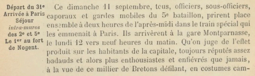 Extrait de "31e mobiles régiment du Morbihan" décrivant l'arrivée des gardes mobiles bretons à Paris en septembre 1870