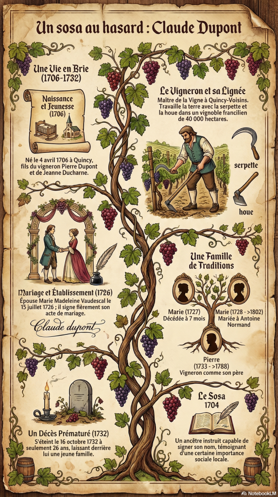 un vigneron du 18e siècle à Quincy vu par l'IA : Infographie générée par NotebookLM qui d'après lui "synthétiser visuellement l'identité de Claude Dupont, son métier de vigneron et son village de Quincy, tout en rappelant le contexte exceptionnel des vignobles d'Île-de-France au XVIIIe siècle"