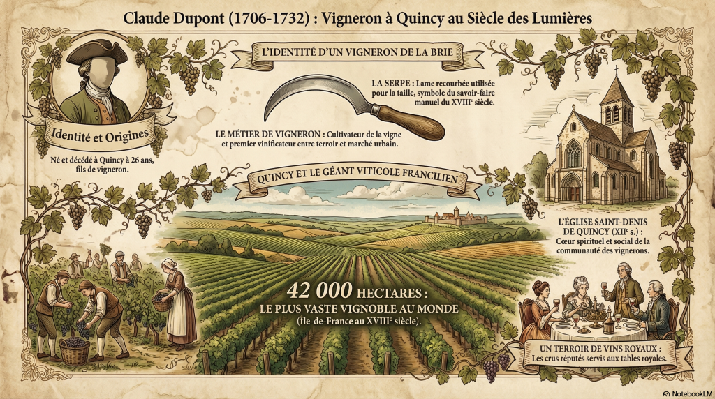 un vigneron du 18e siècle à Quincy vu par l'IA : Infographie générée par NotebookLM qui d'après lui "synthétiser visuellement l'identité de Claude Dupont, son métier de vigneron et son village de Quincy, tout en rappelant le contexte exceptionnel des vignobles d'Île-de-France au XVIIIe siècle"